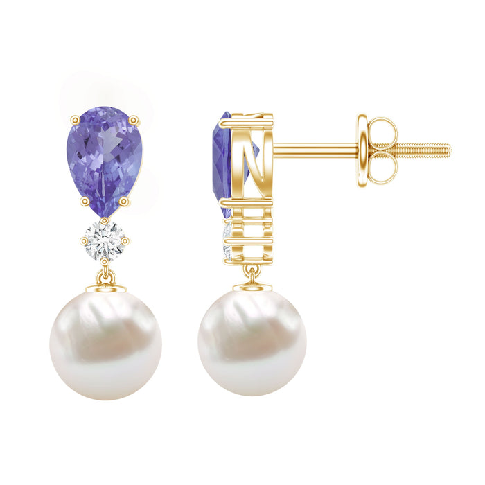 Genuine freshwater pearl drop earrings with tanzanite gemstones by Rosec Jewels featuring elegant dangle design