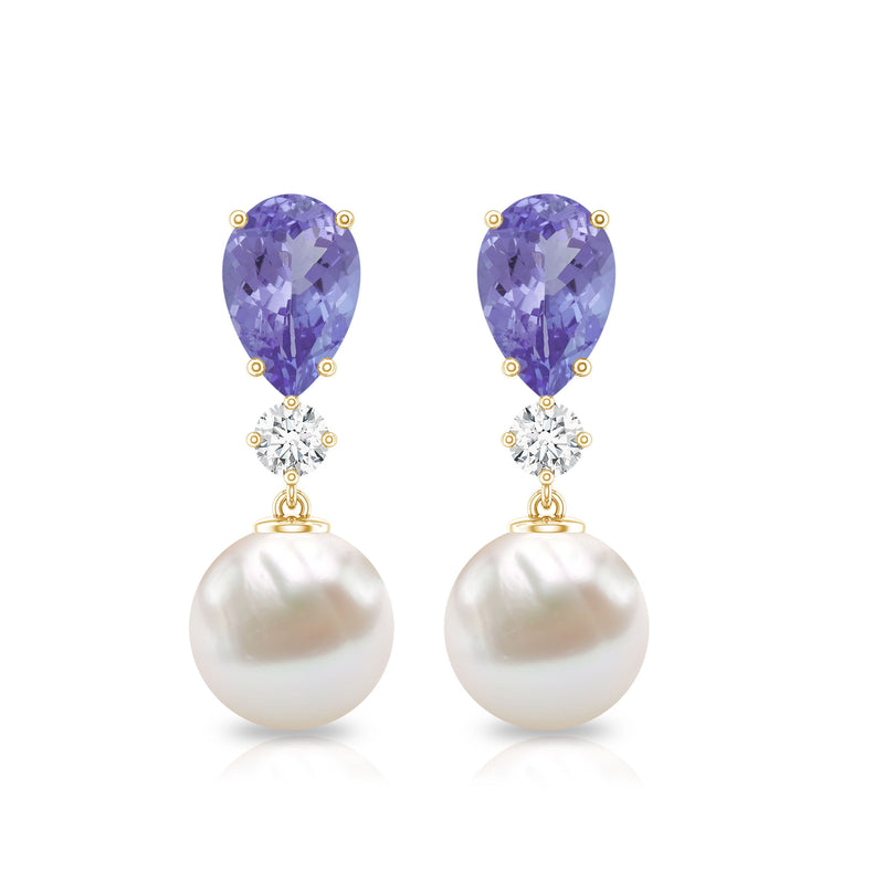 Genuine freshwater pearl drop earrings with Tanzanite by Rosec Jewels, featuring elegant pearl and blue Tanzanite gemstones.
