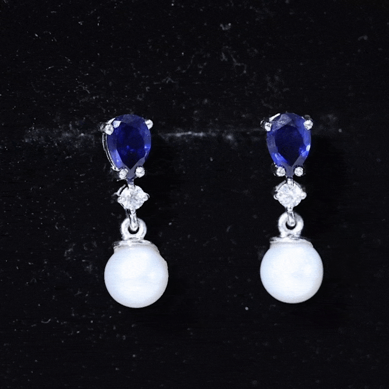 Natural Freshwater Pearl Drop Dangle Earrings with Blue Sapphire