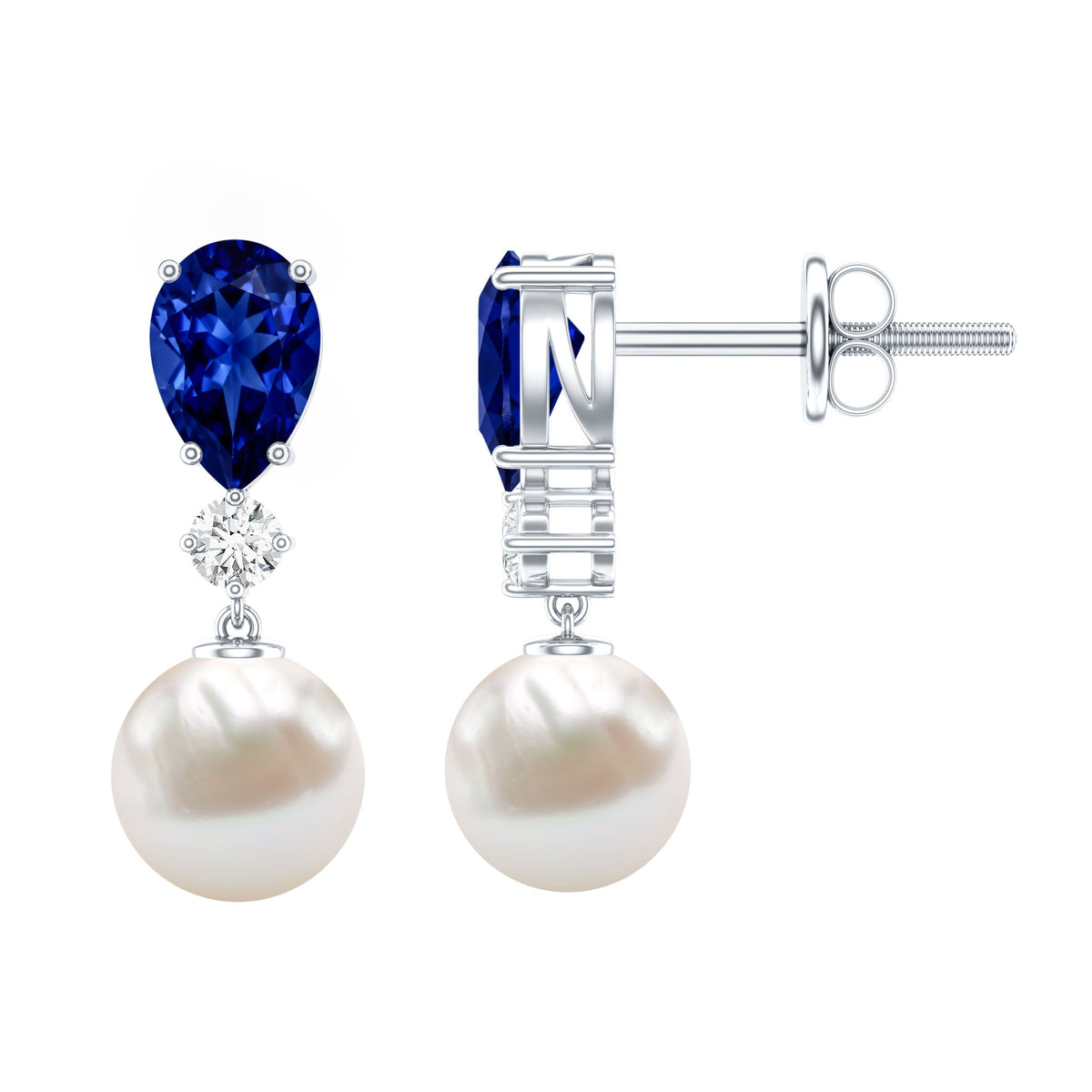 Natural Freshwater Pearl Drop Dangle Earrings with Blue Sapphire