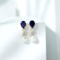 Natural Freshwater Pearl Drop Dangle Earrings with Blue Sapphire