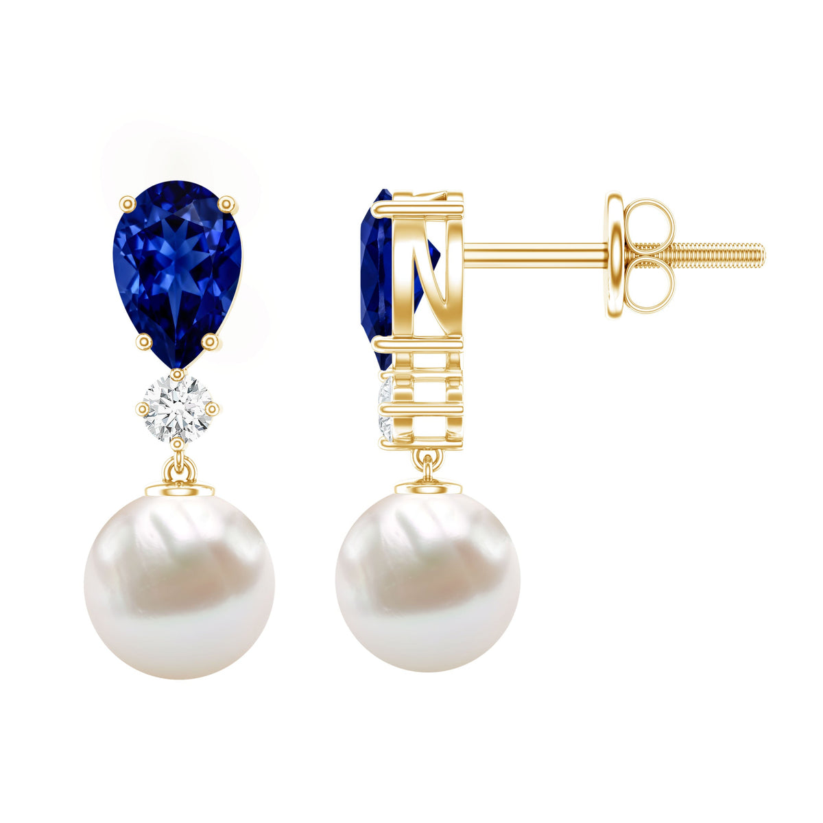 Natural Freshwater Pearl Drop Dangle Earrings with Blue Sapphire