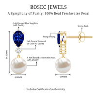 Natural Freshwater Pearl Drop Dangle Earrings with Blue Sapphire