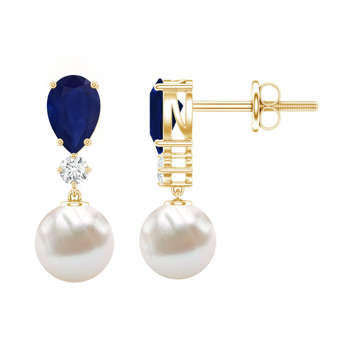 Cultured freshwater pearl drop earrings with blue sapphire accents from Rosec Jewels, featuring elegant, dangling design.