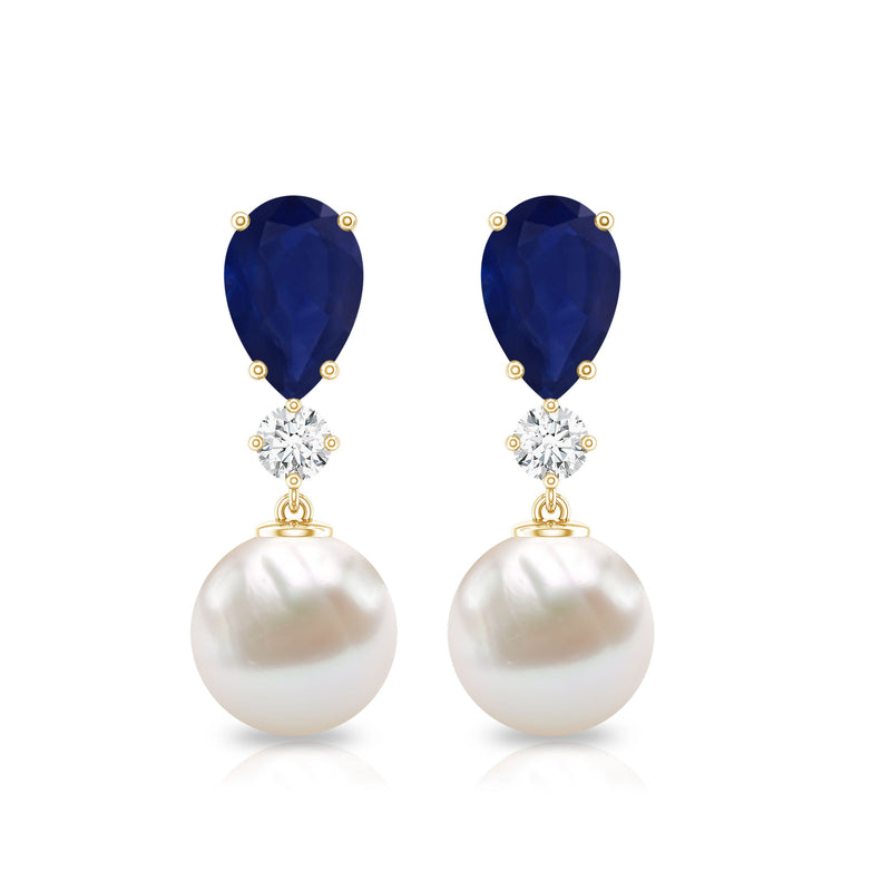 Cultured freshwater pearl drop earrings with blue sapphire accents by Rosec Jewels, showcasing elegant jewelry design.