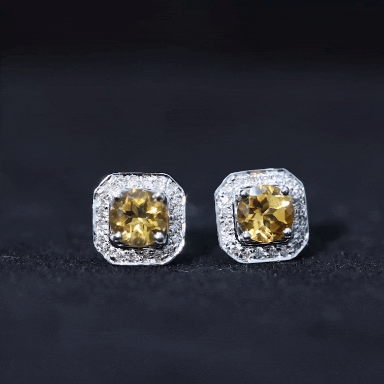 Vintage-inspired 1-carat citrine and diamond halo stud earrings from Rosec Jewels featuring sparkling gemstones.