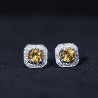 Vintage-inspired 1-carat citrine and diamond halo stud earrings from Rosec Jewels featuring sparkling gemstones.