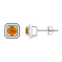 Vintage inspired 1 carat citrine and diamond halo stud earrings by Rosec Jewels, featuring sparkling gemstones and intricate design.