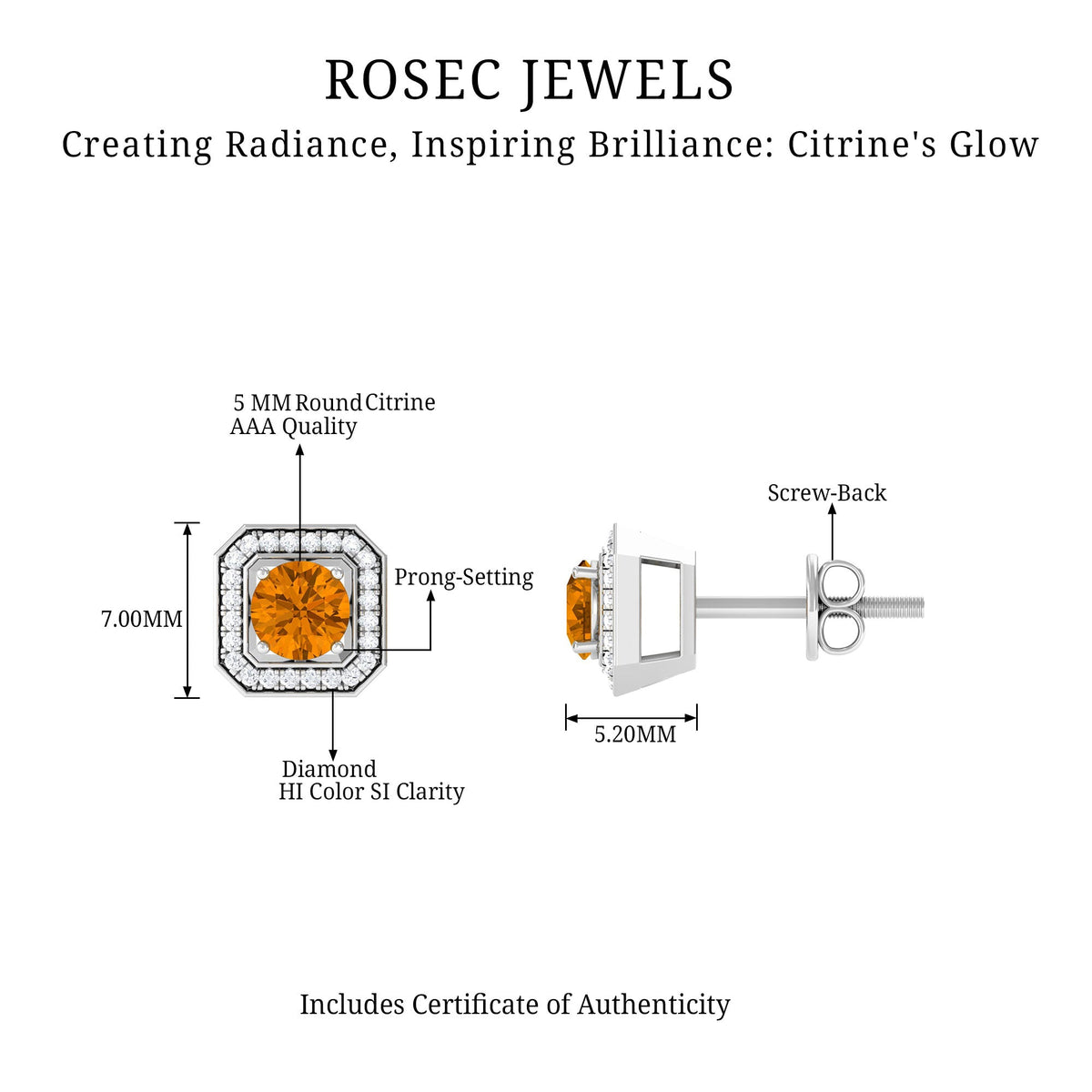 Vintage inspired 1 carat citrine and diamond halo stud earrings by Rosec Jewels. Gold earrings with sparkling gemstones.