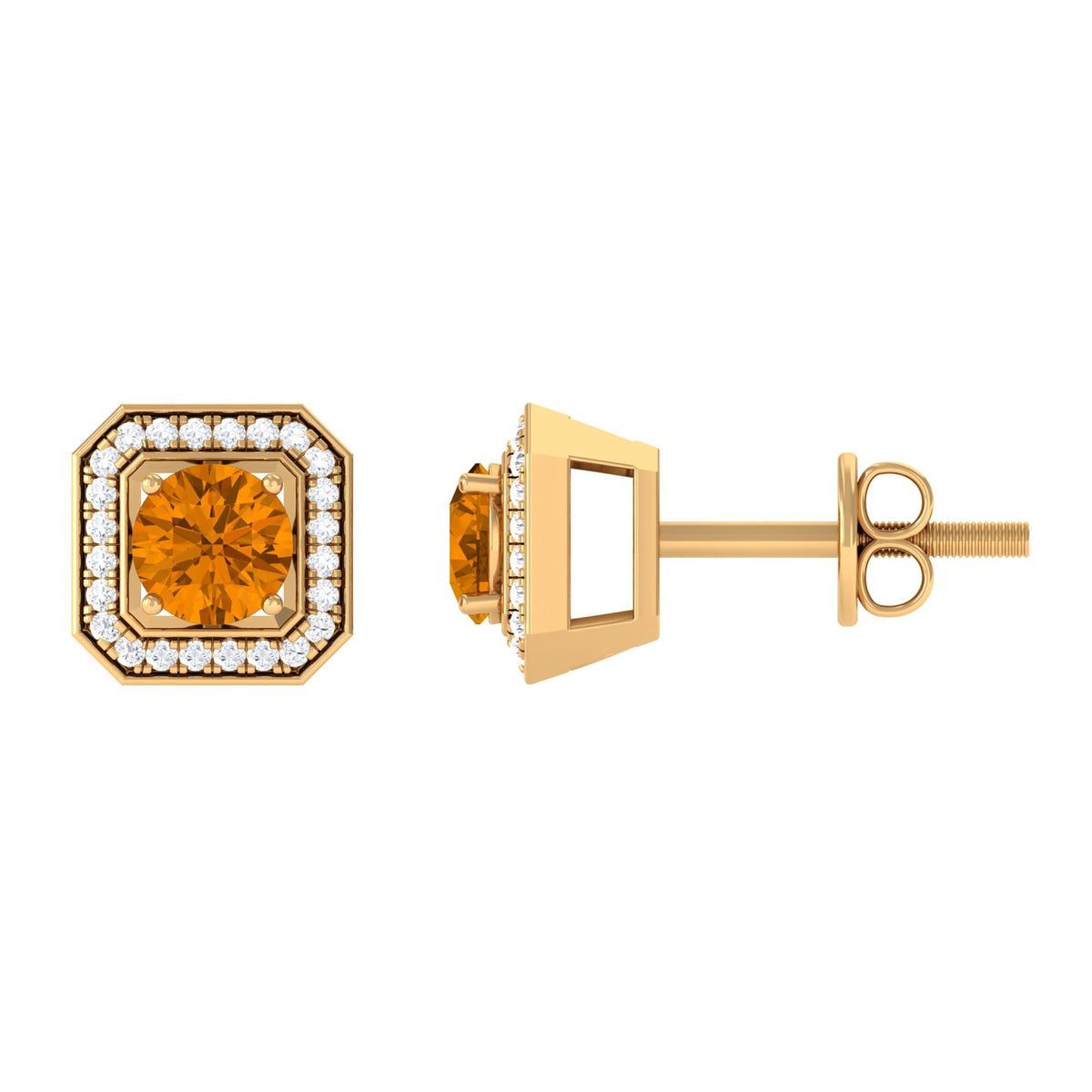 Vintage inspired 1 carat citrine and diamond halo stud earrings by Rosec Jewels showcasing sparkling gemstones and elegant design.