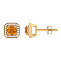 Vintage inspired 1 carat citrine and diamond halo stud earrings by Rosec Jewels showcasing sparkling gemstones and elegant design.