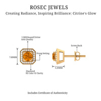 Vintage-inspired 1 carat citrine and diamond halo stud earrings by Rosec Jewels featuring sparkling gemstones and elegant design.