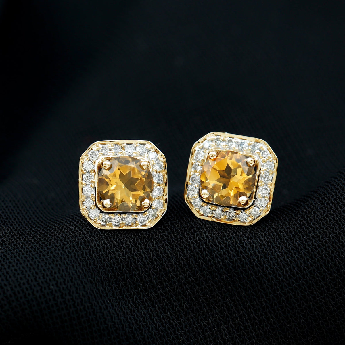 Vintage-inspired 1 carat citrine and diamond halo stud earrings by Rosec Jewels, featuring sparkling gemstones and intricate design.