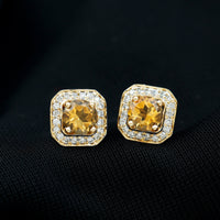 Vintage-inspired 1 carat citrine and diamond halo stud earrings by Rosec Jewels, featuring sparkling gemstones and intricate design.