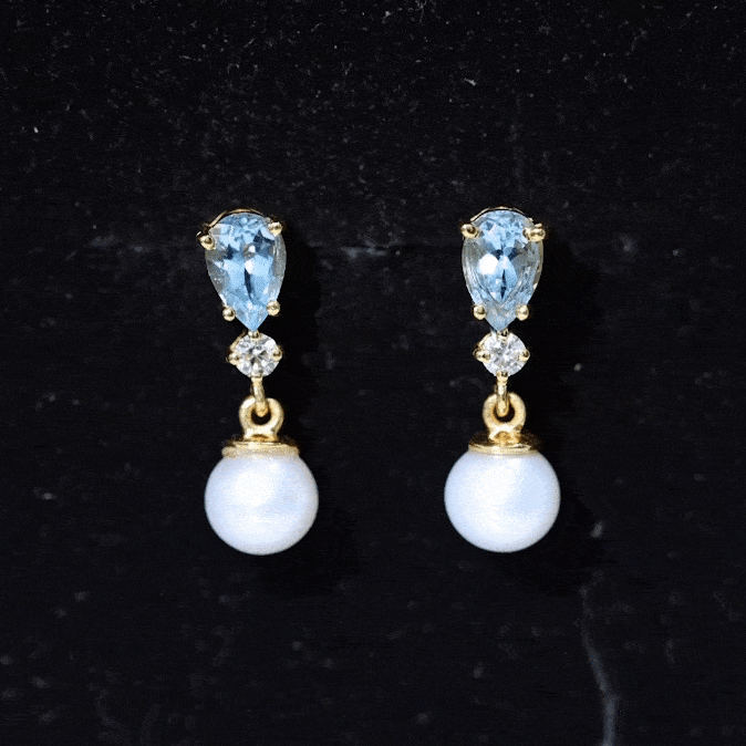 Certified pearl and aquamarine wedding drop earrings by Rosec Jewels featuring elegant white pearls and sparkling aquamarine gemstones.