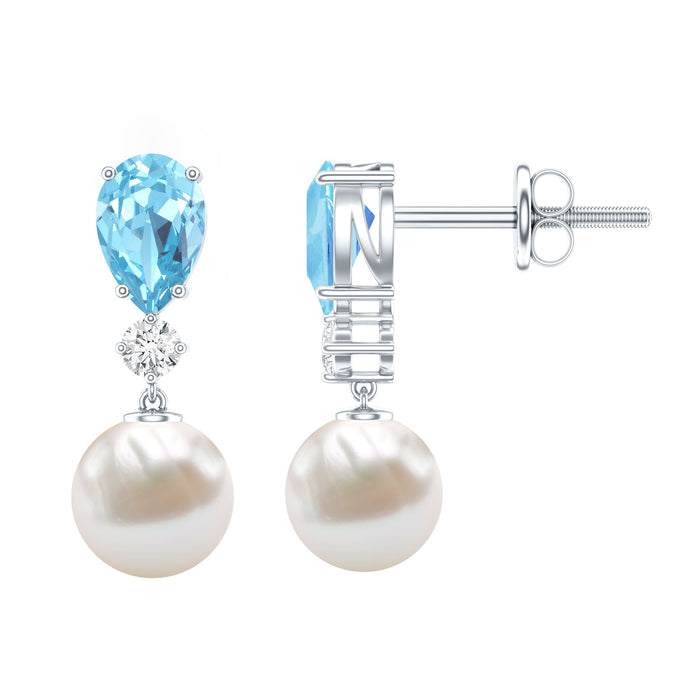 Certified pearl and aquamarine wedding drop earrings by Rosec Jewels featuring elegant pearl drops and sparkling aquamarine accents.