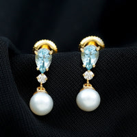 Handpicked Pearl Drop Earrings with Aquamarine and Moissanite