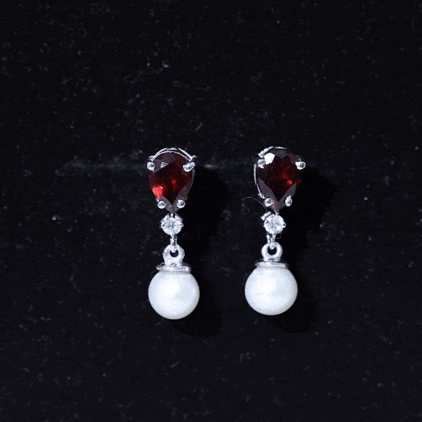 Sterling Silver Cultured Pearl and Garnet Bridal Drop Earrings