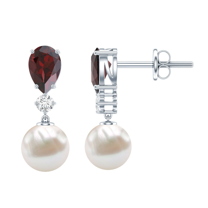 Sterling Silver Cultured Pearl and Garnet Bridal Drop Earrings