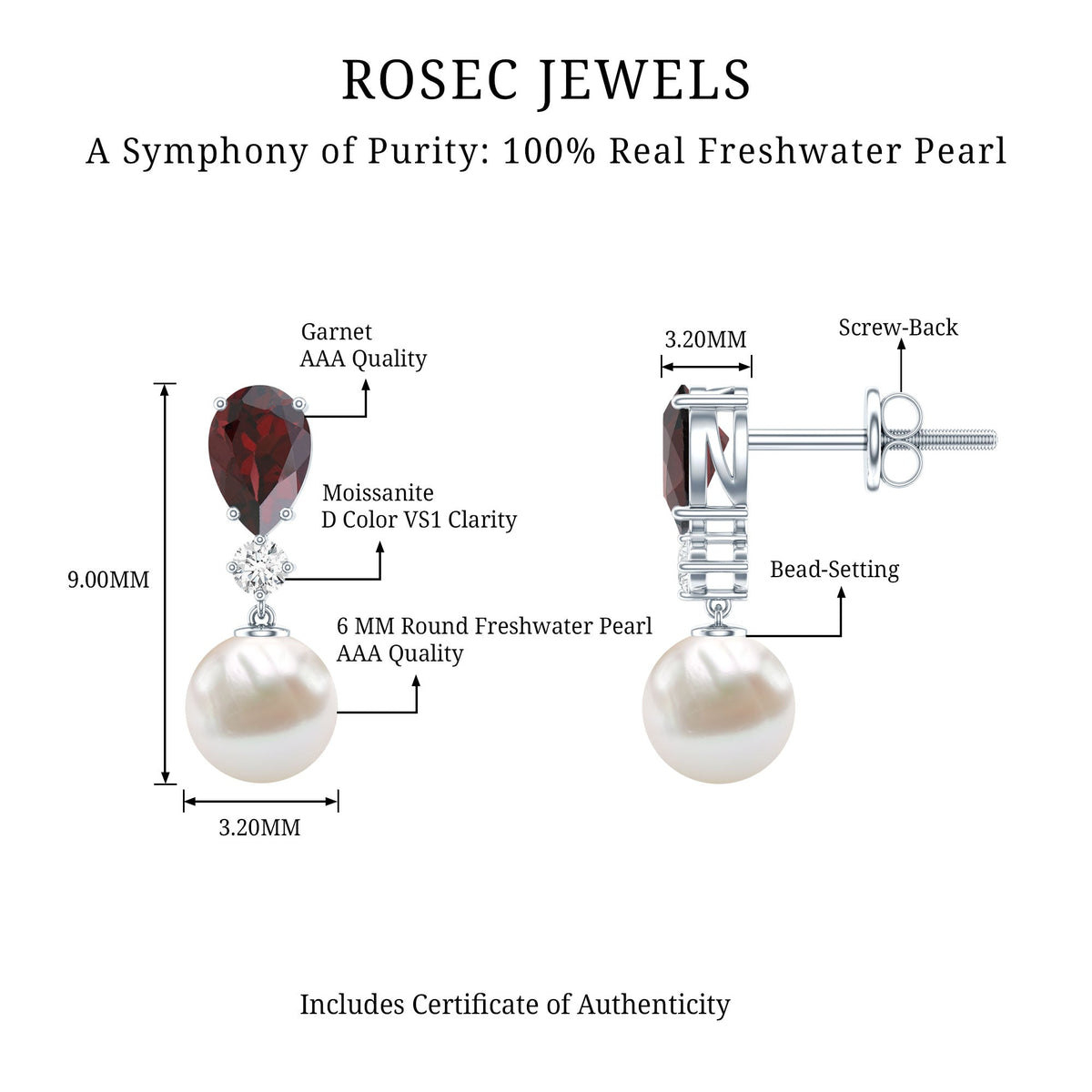 Sterling Silver Cultured Pearl and Garnet Bridal Drop Earrings