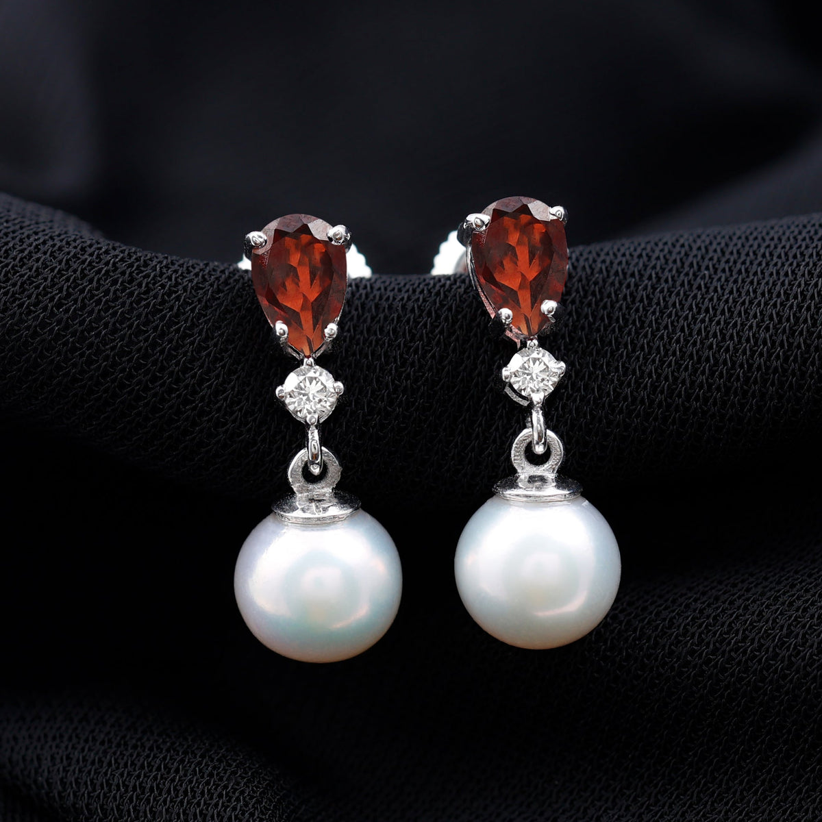 Sterling Silver Cultured Pearl and Garnet Bridal Drop Earrings