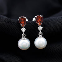 Sterling Silver Cultured Pearl and Garnet Bridal Drop Earrings
