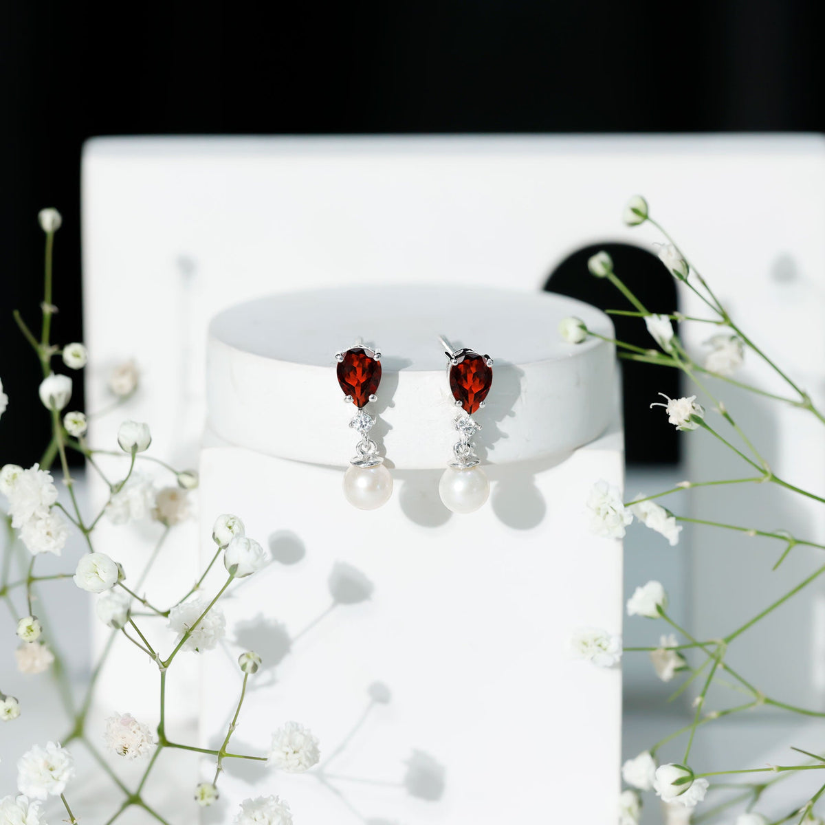 Sterling Silver Cultured Pearl and Garnet Bridal Drop Earrings