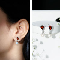 Sterling Silver Cultured Pearl and Garnet Bridal Drop Earrings