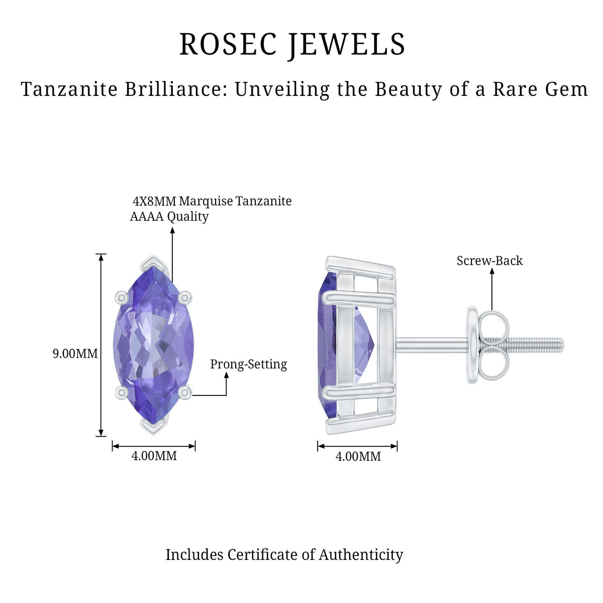 1.3 Carat Marquise Cut Tanzanite Solitaire Stud Earrings