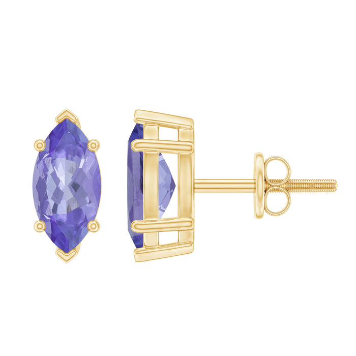 Marquise cut tanzanite solitaire stud earrings by Rosec Jewels featuring 1.3 carats of vibrant blue-violet gemstones.