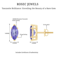 1.3 Carat Marquise Cut Tanzanite Solitaire Stud Earrings