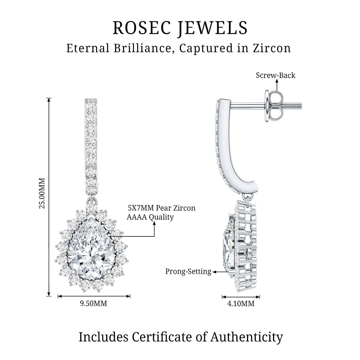Certified zircon teardrop bridal hoop earrings by Rosec Jewels featuring sparkling teardrop zircon stones and sleek metal hoops.