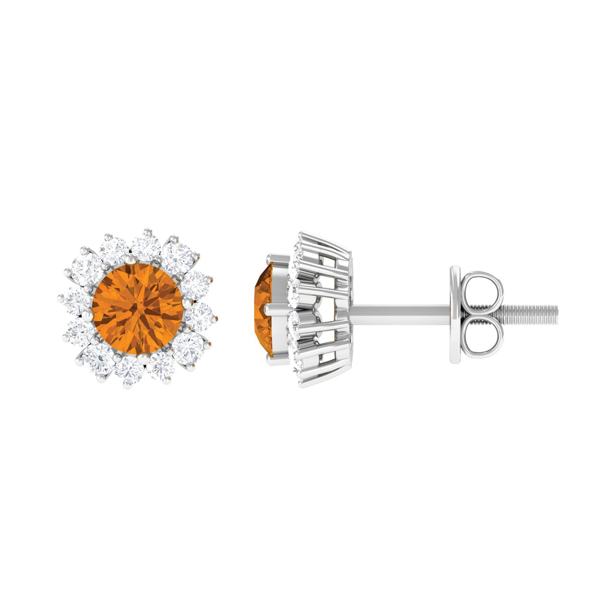 Yellow citrine and diamond halo stud earrings by Rosec Jewels, featuring 1 carat total weight with elegant design.