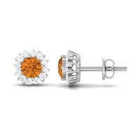 Yellow citrine and diamond halo stud earrings by Rosec Jewels featuring 1-carat classic yellow citrine gemstones.