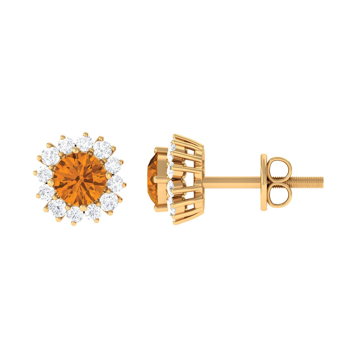 Yellow citrine and diamond halo stud earrings by Rosec Jewels featuring a 1-carat classic yellow citrine gemstone.