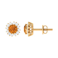 Yellow citrine and diamond halo stud earrings by Rosec Jewels featuring a 1-carat classic yellow citrine gemstone.