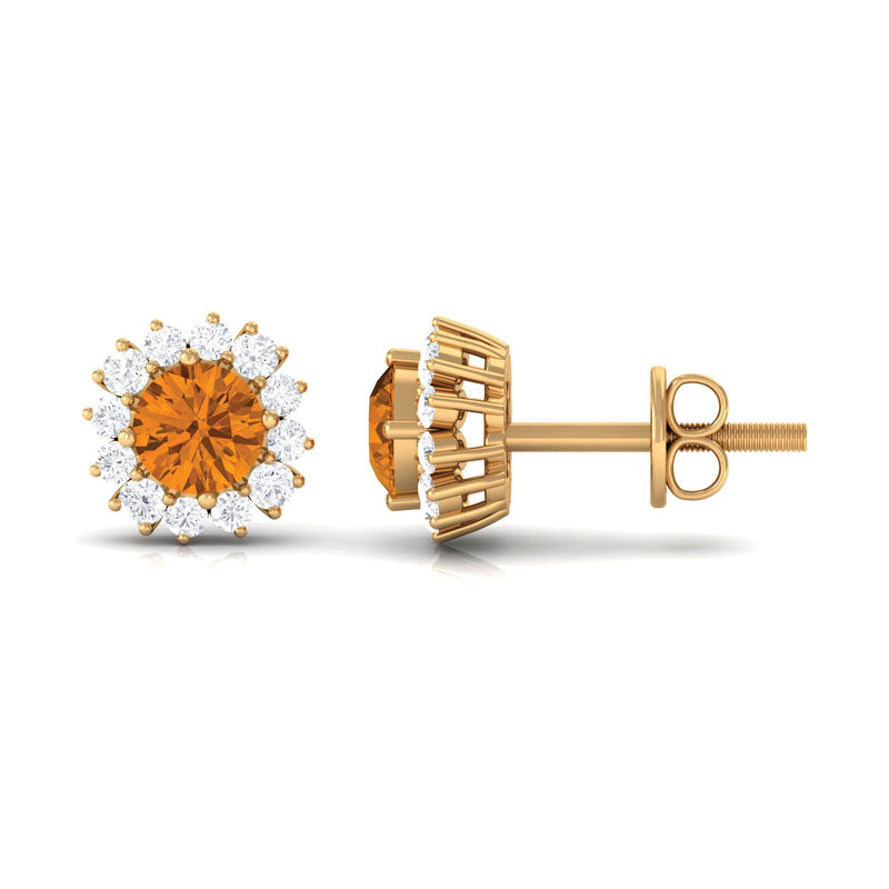 Yellow citrine and diamond halo stud earrings by Rosec Jewels featuring a classic 1 carat design with sparkling gemstones.