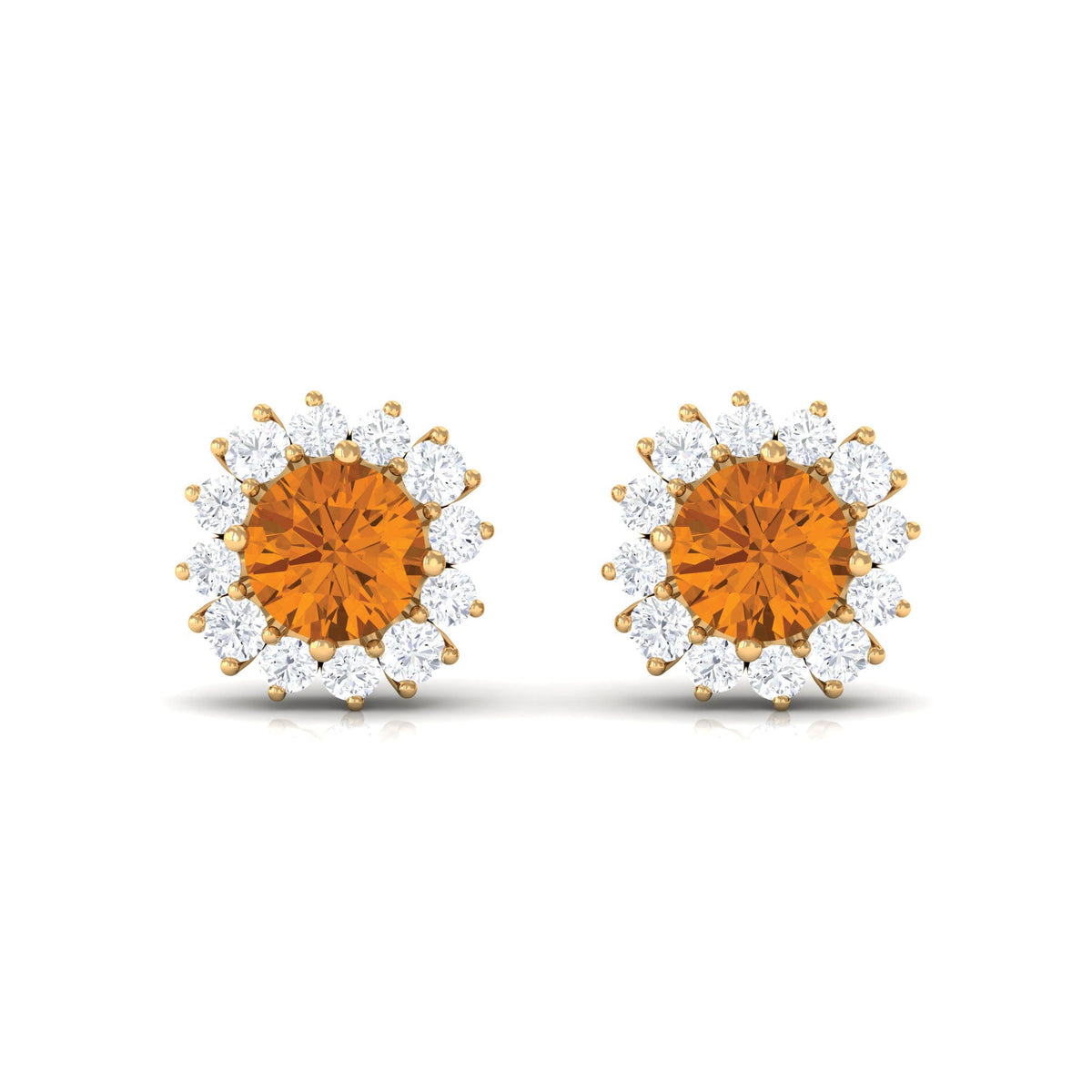 Yellow citrine and diamond halo stud earrings by Rosec Jewels featuring 1-carat yellow citrine gemstone with sparkling diamond accents.