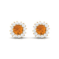 Yellow citrine and diamond halo stud earrings by Rosec Jewels featuring 1-carat yellow citrine gemstone with sparkling diamond accents.