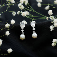 Moissanite and Freshwater Pearl Dangle Drop Earrings