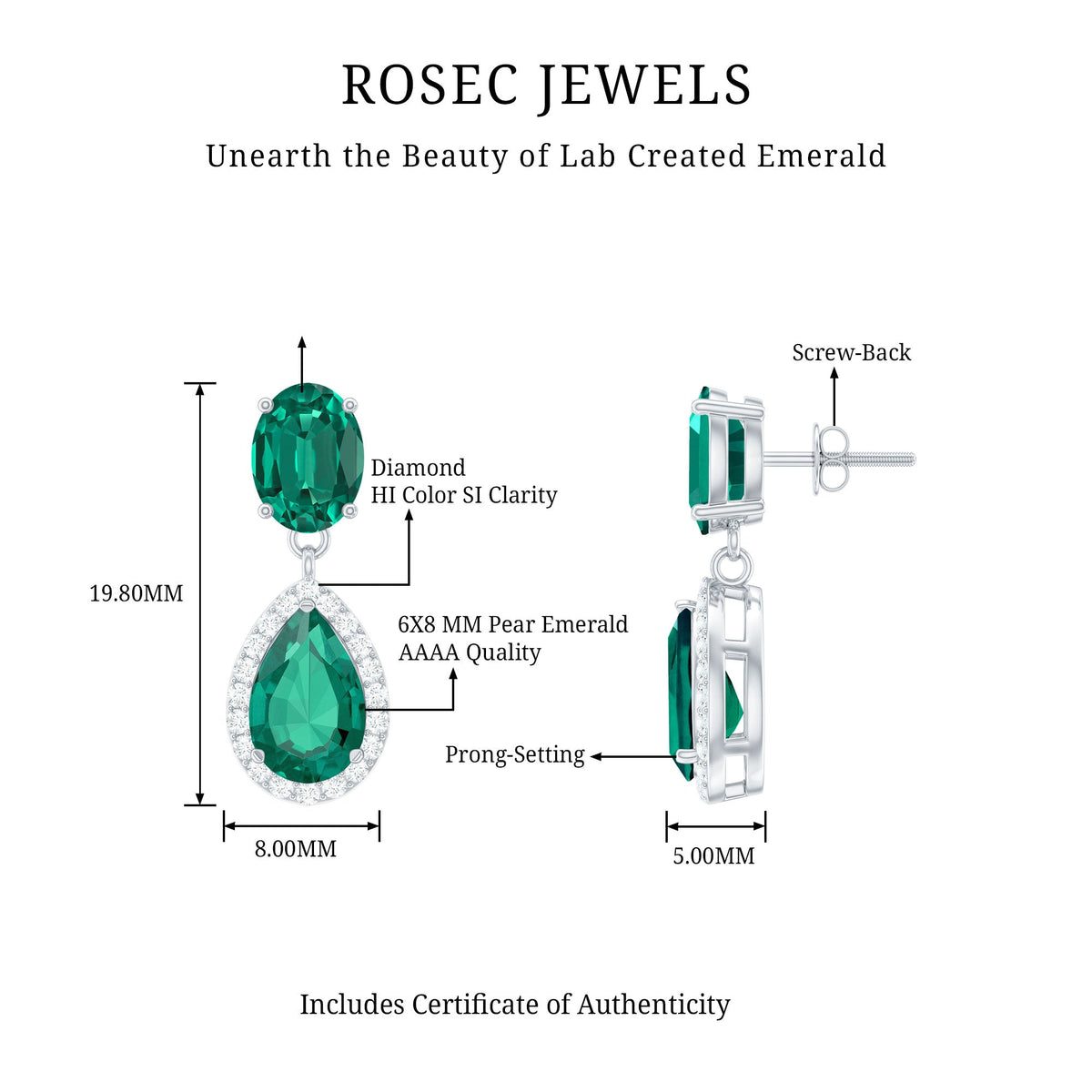 Lab Created Emerald and Diamond Bridal Drop Earrings with Certificate