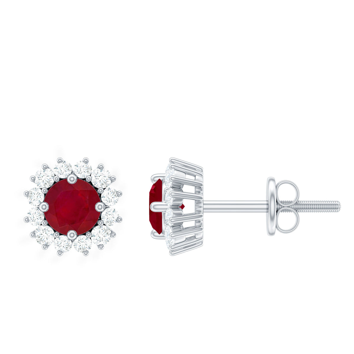 Genuine ruby stud earrings with diamond halo from Rosec Jewels featuring vibrant red rubies and sparkling diamonds.
