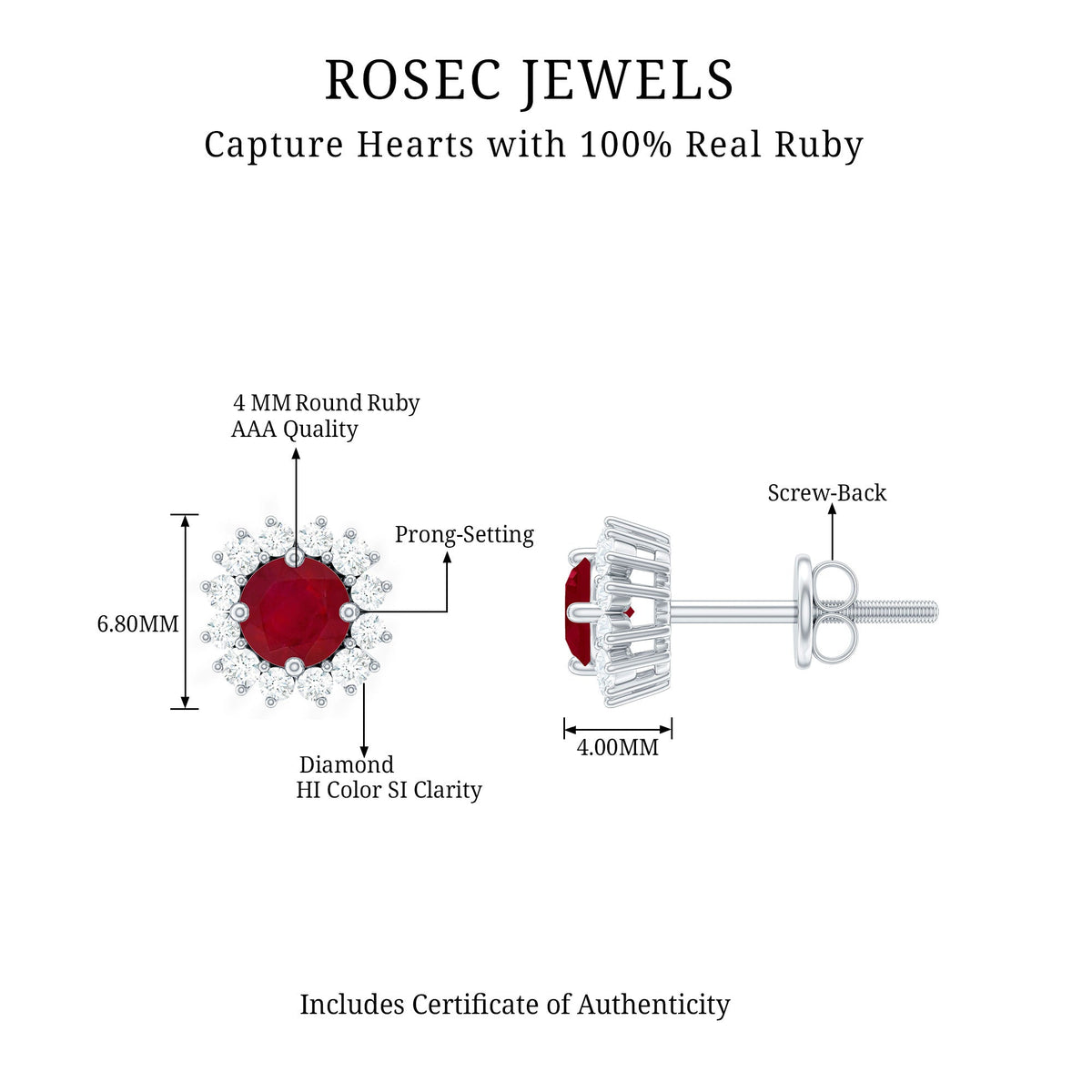 Genuine ruby stud earrings with diamond halo from Rosec Jewels, featuring sparkling diamonds surrounding vibrant red rubies.