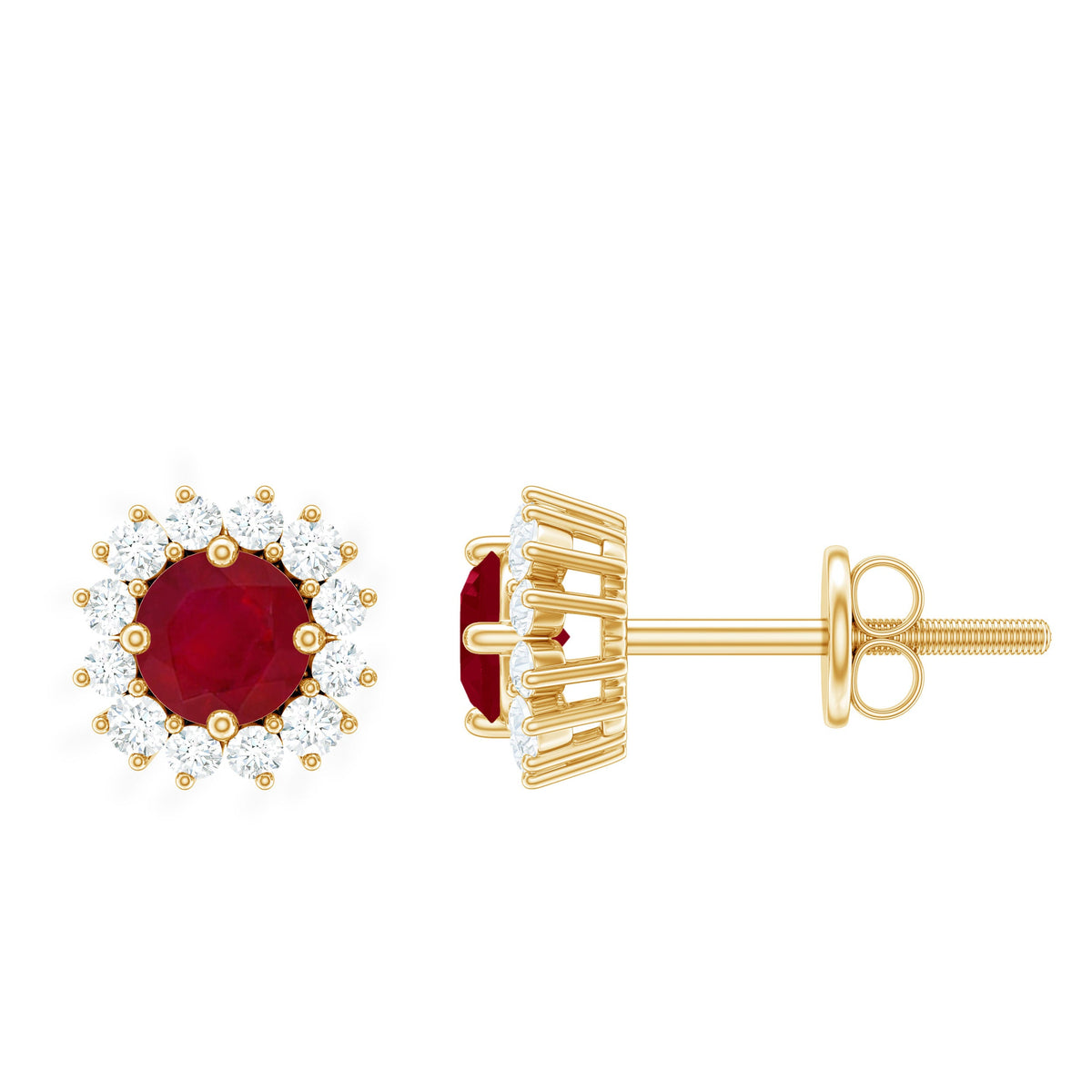 Genuine ruby stud earrings with diamond halo from Rosec Jewels, featuring vibrant red rubies and sparkling diamond accents.