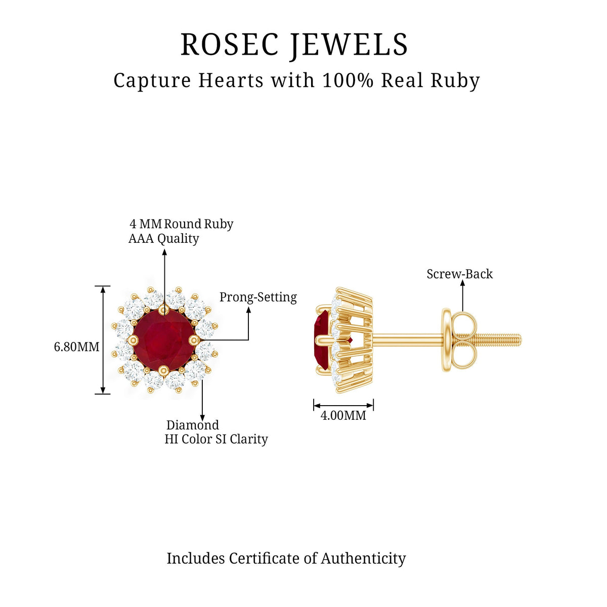 Genuine ruby stud earrings with diamond halo from Rosec Jewels, featuring vibrant red rubies and sparkling diamond accents.