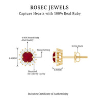 Genuine ruby stud earrings with diamond halo from Rosec Jewels, featuring vibrant red rubies and sparkling diamond accents.