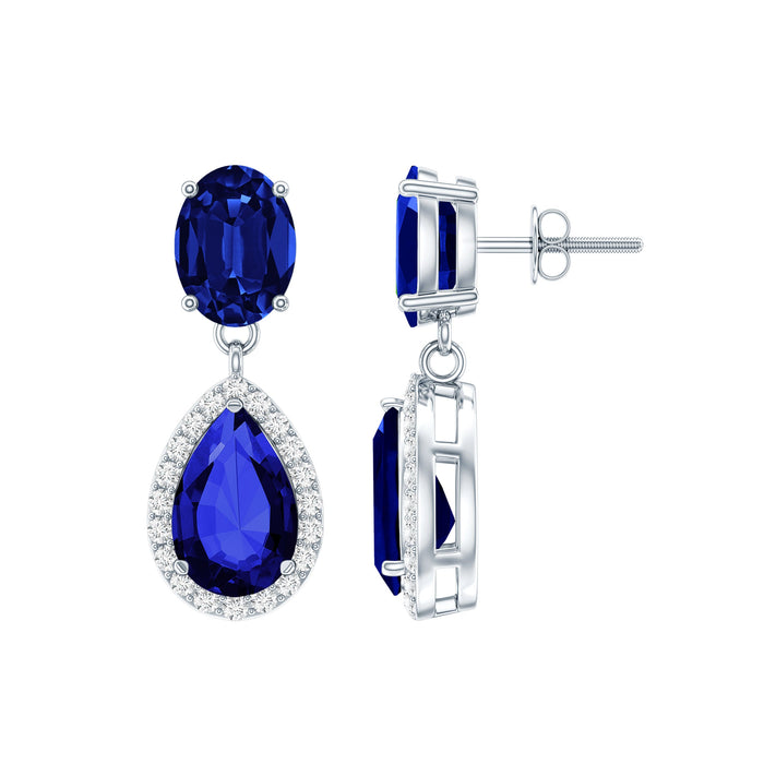 Rosec Jewels 5 Carat lab-grown blue sapphire teardrop earrings with certificate, featuring elegant gemstone dangles.