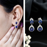 Lab Grown Blue Sapphire Bridal Dangle Earrings with Moissanite
