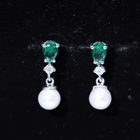 Freshwater Pearl Drop Dangle Earrings With Created Emerald