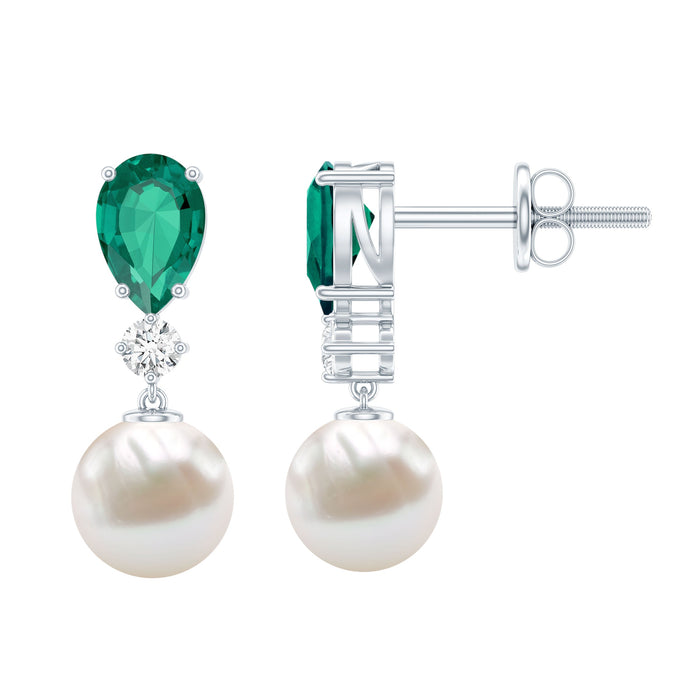 Sterling Silver 4.5 Carat Pearl Drop Earrings with Lab Grown Emerald